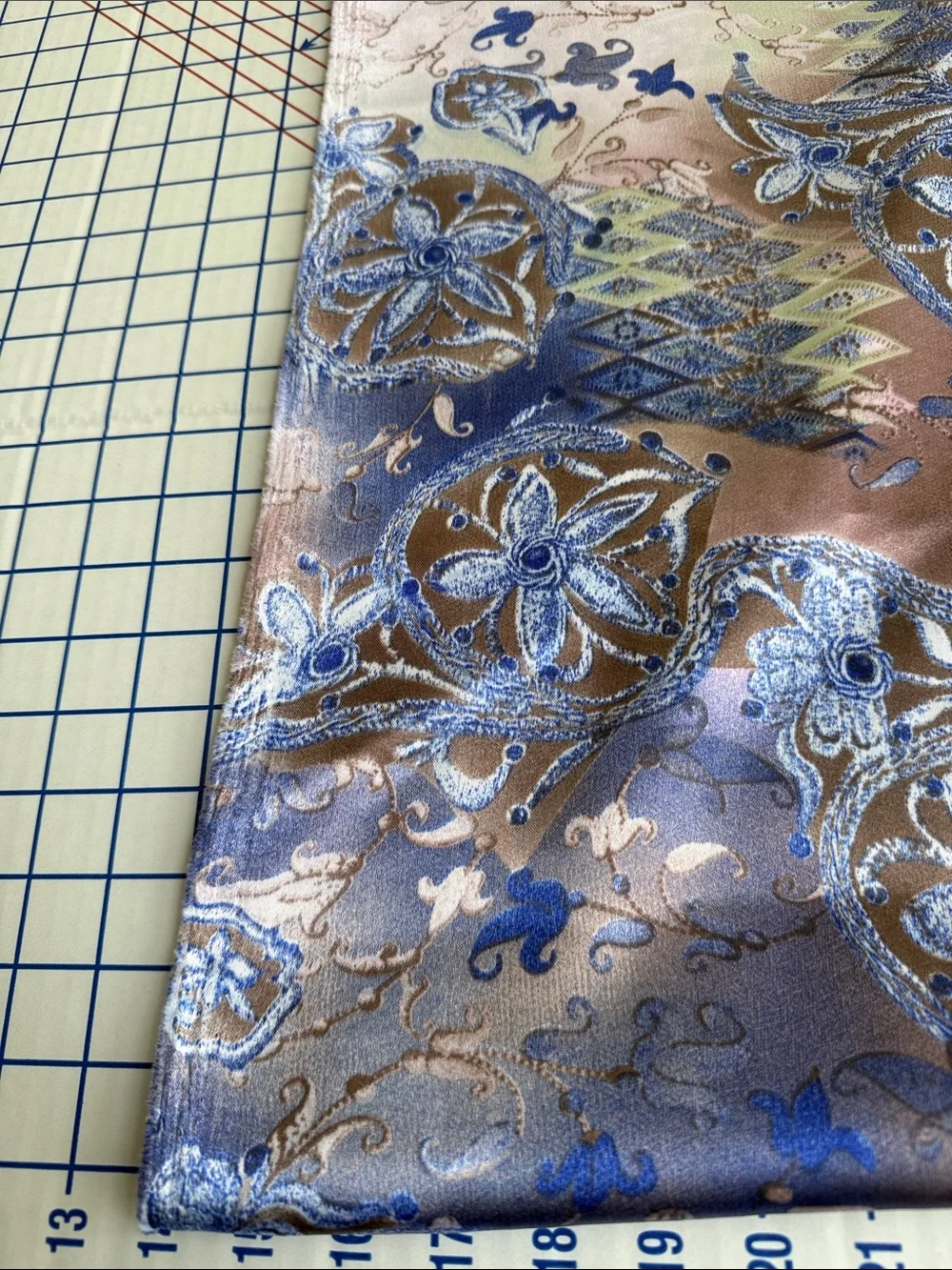 Vintage 90s Satin Fabric 5 Yards Drapey Ornate Floral Medallion Blue Mauve